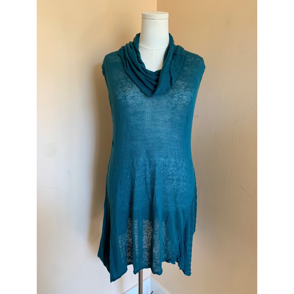 Bryn Walker Linen Knit Cowl Neck Sleeveless Tunic Top Teal Green S Asymmetrical